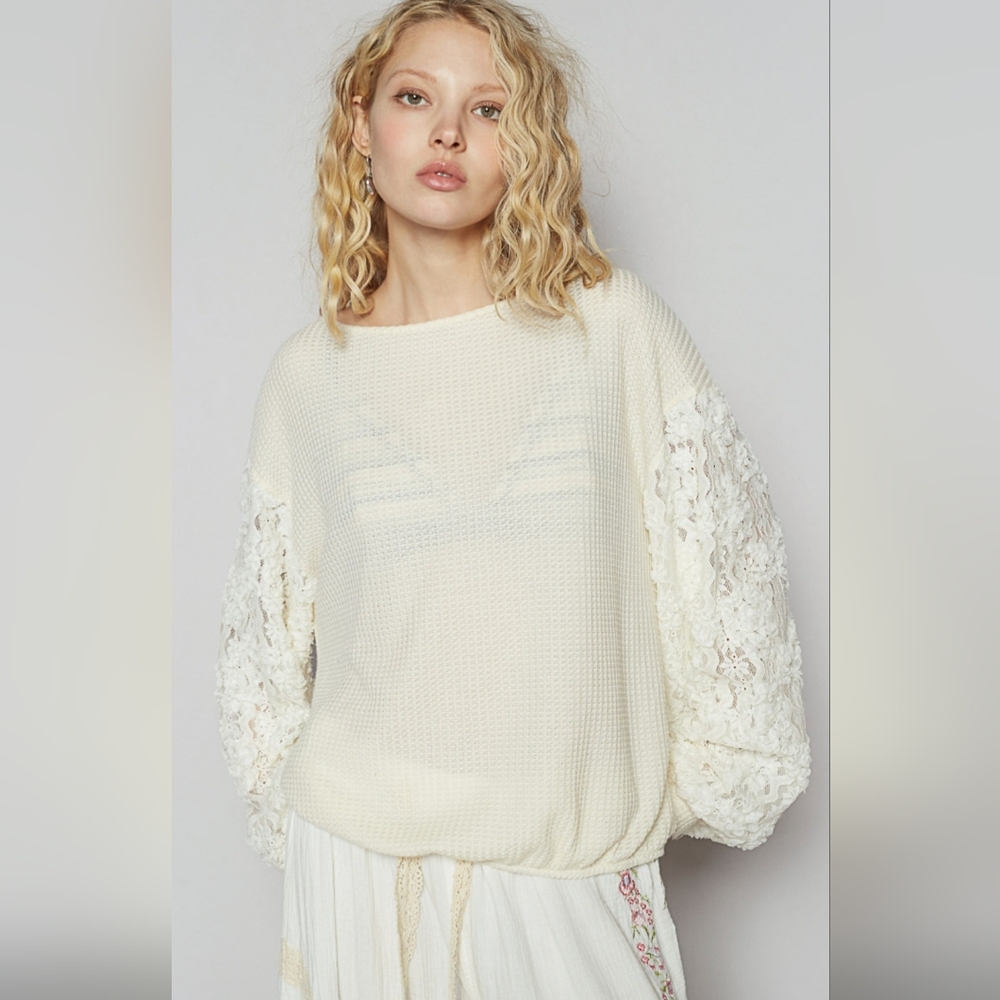 135. NWOT POL Cream Waffle Knit Blouse with Lace Balloon Sleeves, Deep V Back